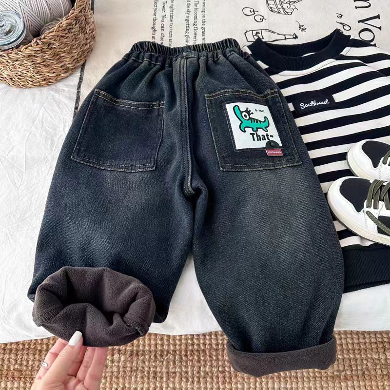 男童加绒加厚牛仔裤女童冬款直筒裤2025冬季新款儿童一体绒裤子潮
