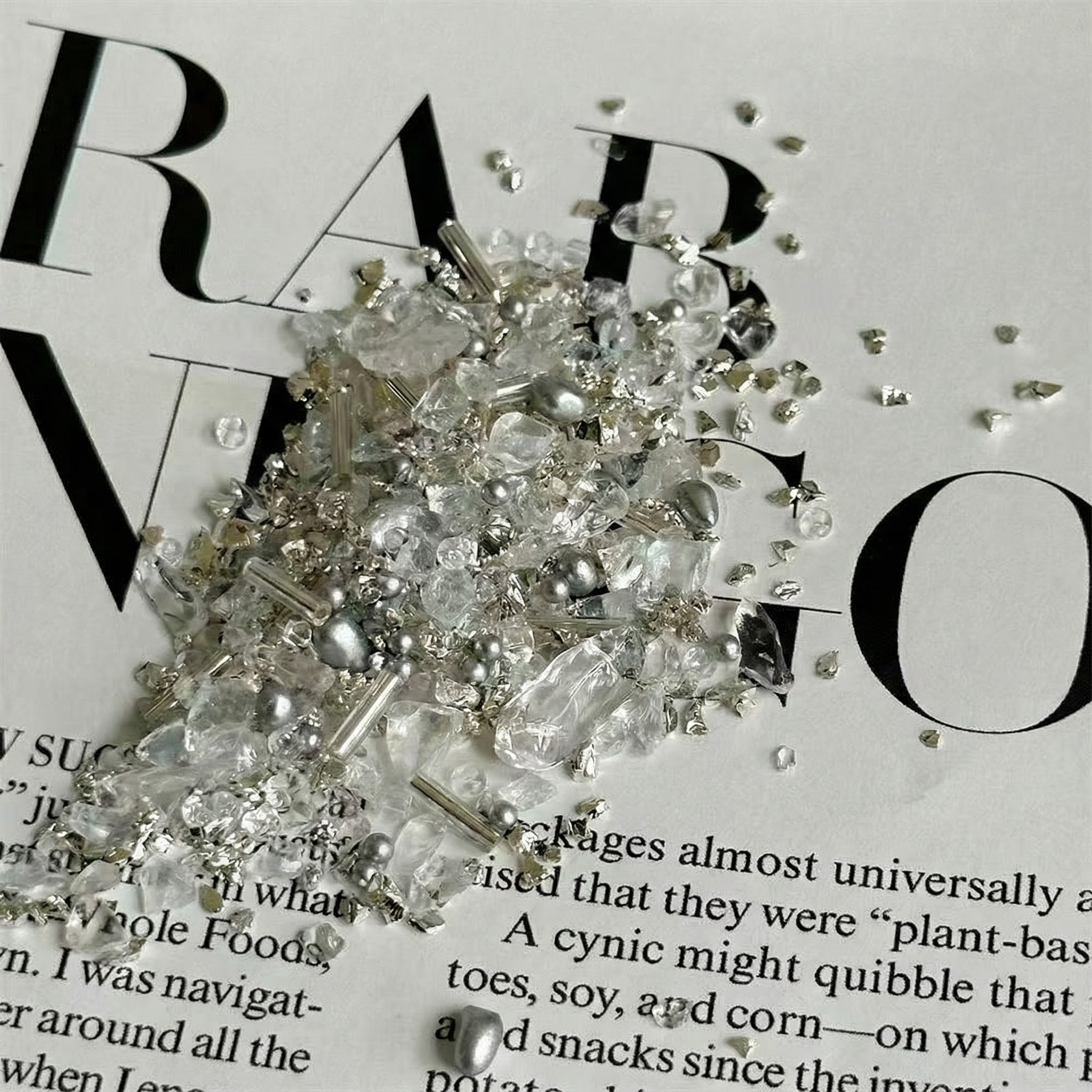 银色金属碎石美甲饰品材料包透明晶石矿物异形珍珠满钻指甲装饰