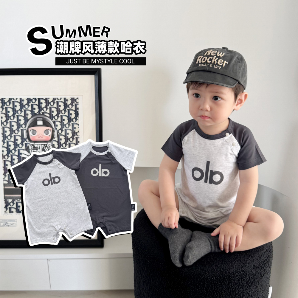 ins夏季婴儿连体哈衣薄款卡通印花宽松外出男女字母宝宝爬服