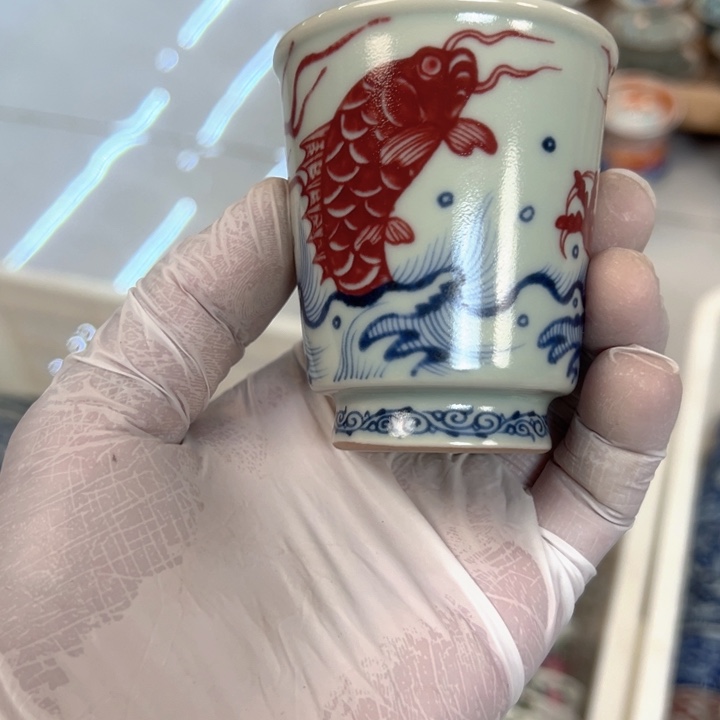 陶摆件白青花釉里红鱼化龙闻香杯主人杯