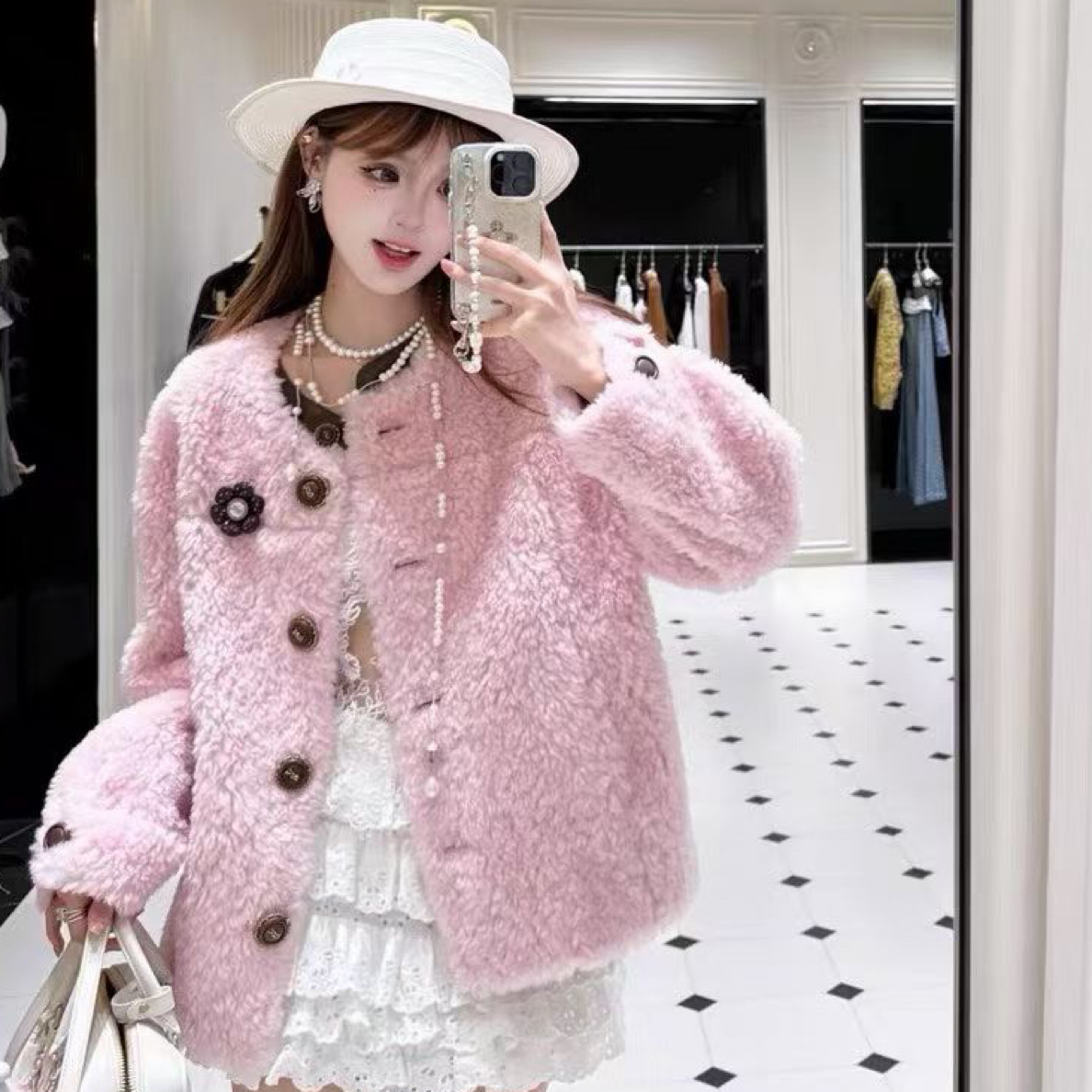 花颜减龄时尚网红宽松气质上衣百搭重工羊剪绒外套套装