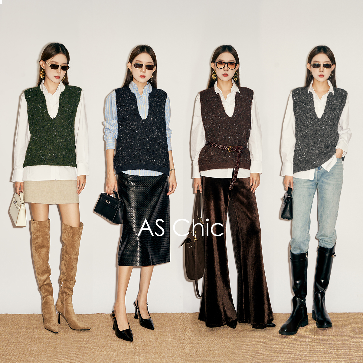 AS chicAW 满天星/羊毛混纺V领无袖重工亮片背心马甲ASM1456