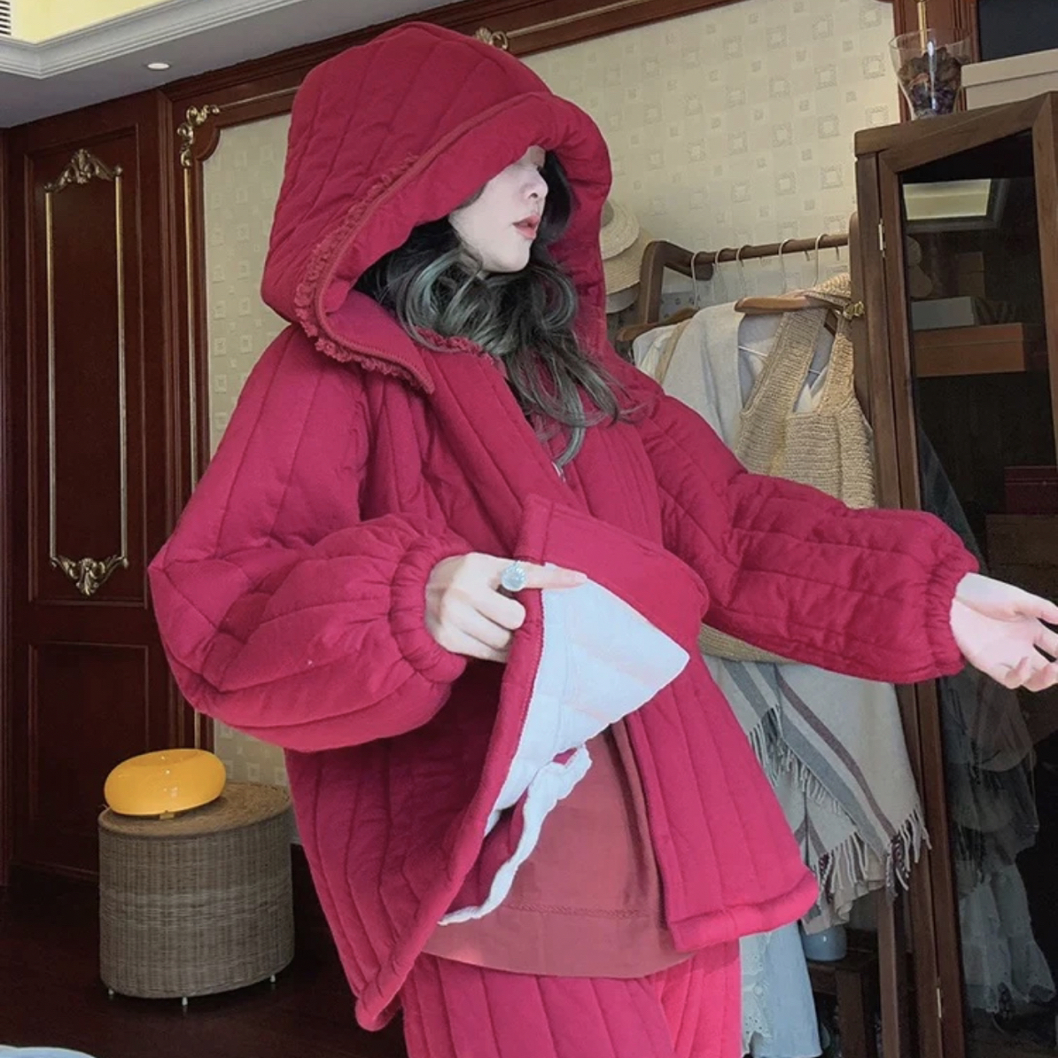 族码士 圣诞红夹棉加绒外穿家居服套装