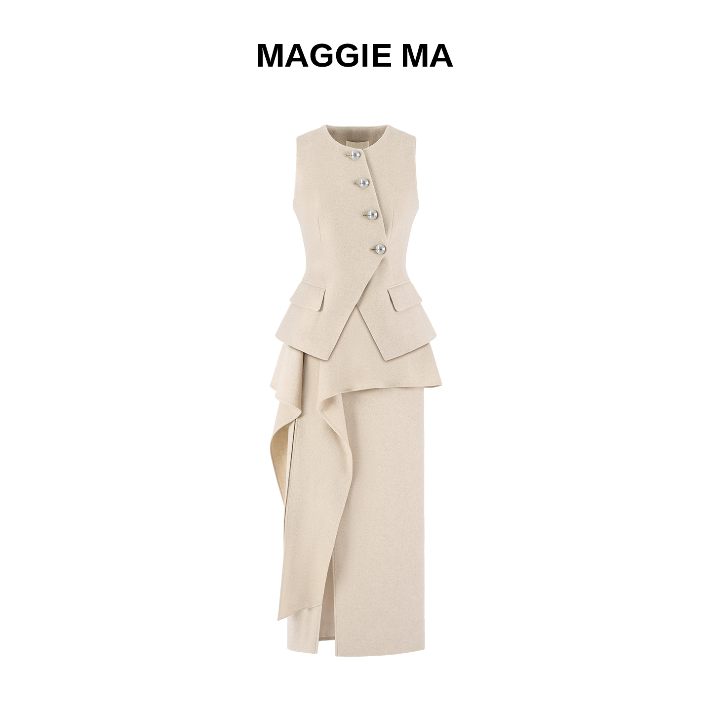 MAGGIE MA马婧圆领马甲奶杏色荷叶下摆气质铅笔半裙套装876S/788B