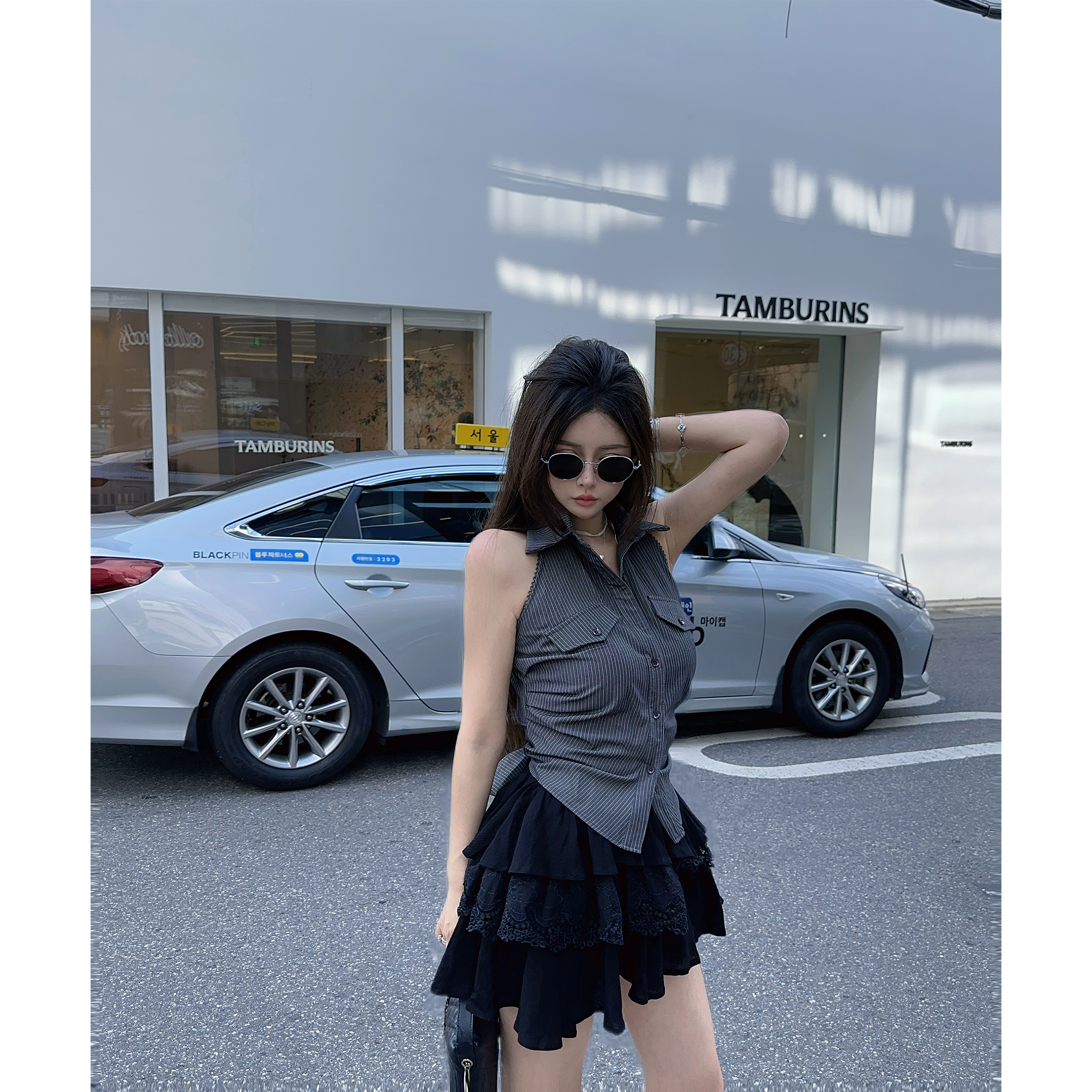 21DEGREES【即可成团】竖条纹绑带掐腰洋气上衣黑色斜边蕾丝拼接裙