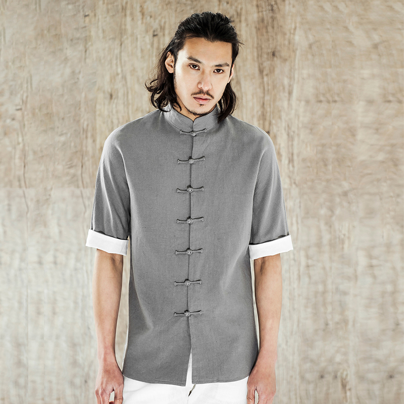 0069柒唐中国风亚麻短袖唐装上衣撞色中式盘扣衬衫复古夏季潮男装