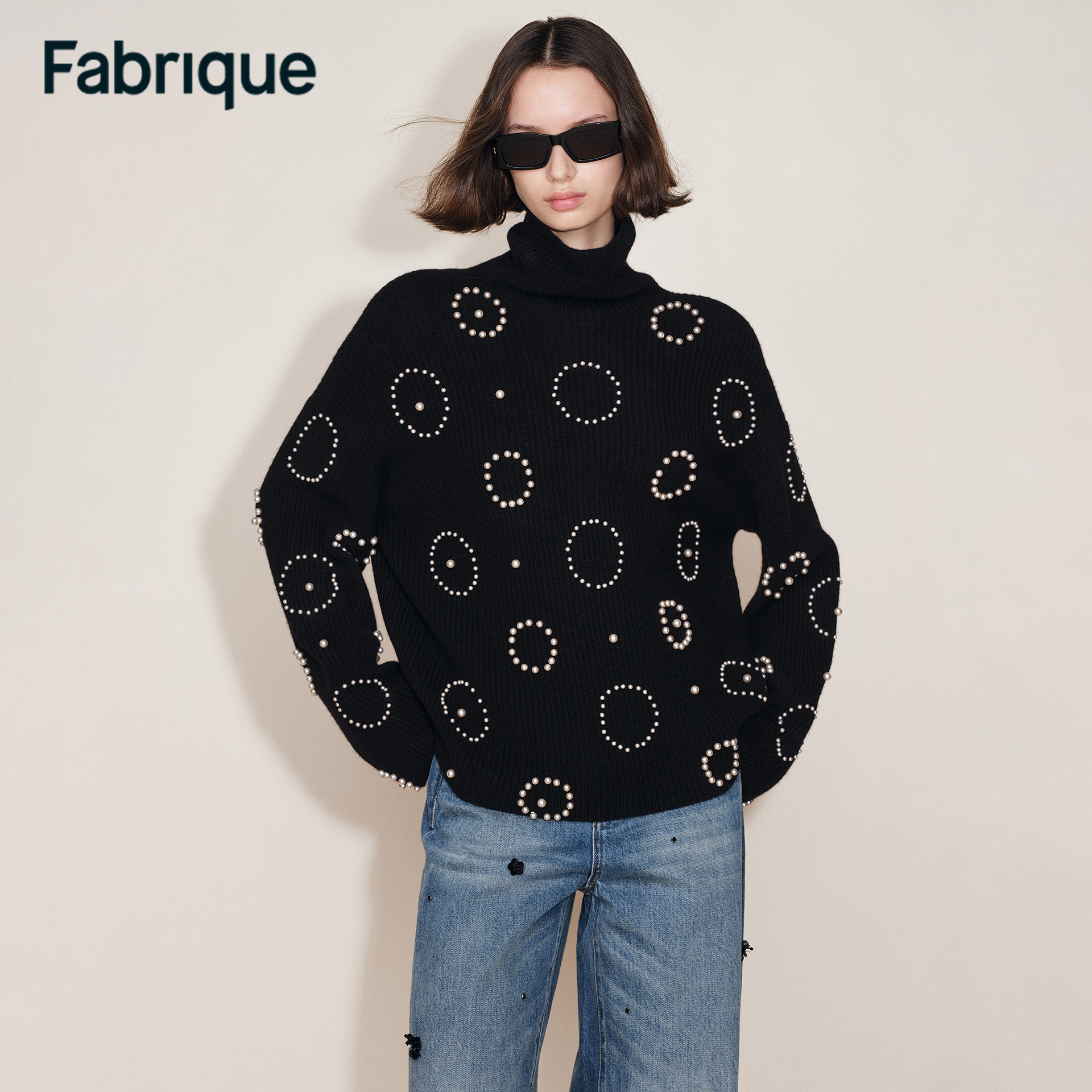 Fabrique Sidney 秋冬新品彗星前夜手工钉珠绵羊毛高领针织毛衣