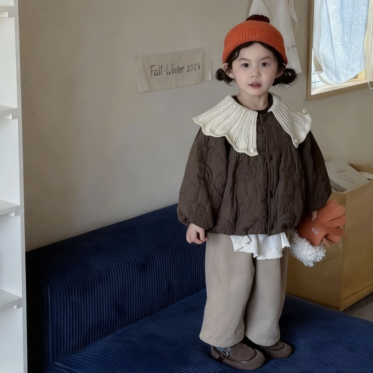 2025年新款秋冬百搭翻领棉服加绒加厚款娃娃领韩版宝宝棉袄纯色