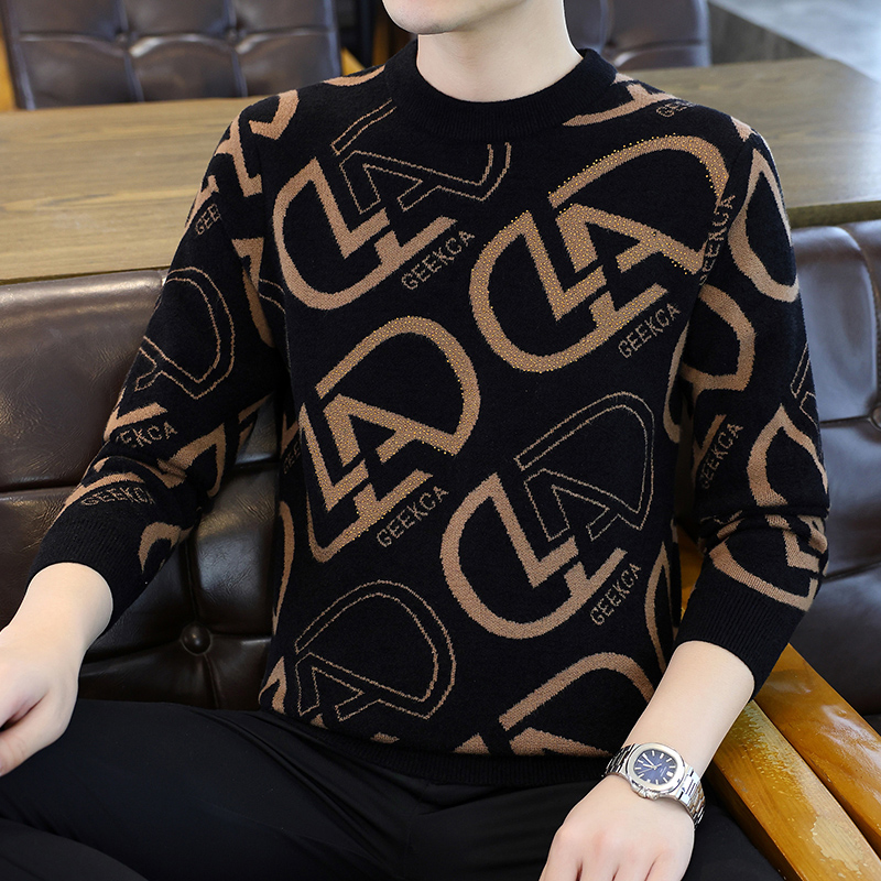2025男士冬季针织衫男士加绒格子针织毛衣提花衫打底衫