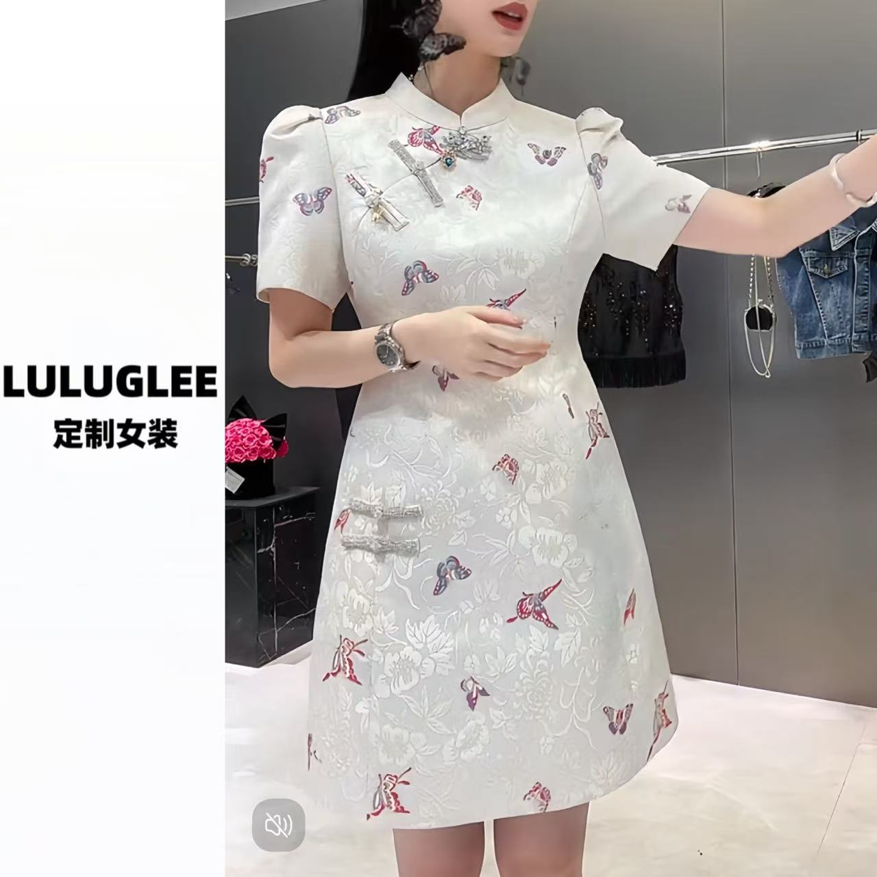 新中式国风蝴蝶提花宋锦立领短裙气质 A字显瘦连衣裙2025夏新女装