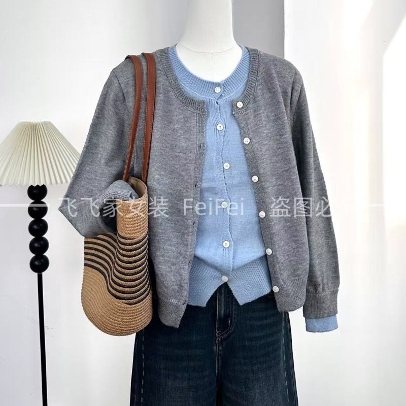 飞飞家~一件半真开衫！！港风气质穿搭~撞色设计#针织衫T187灰