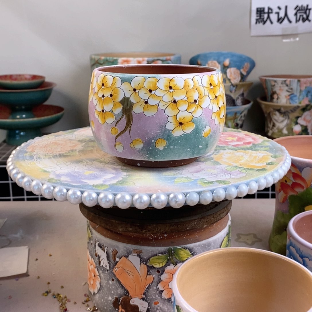 紫砂花盆红陶手绘花盆