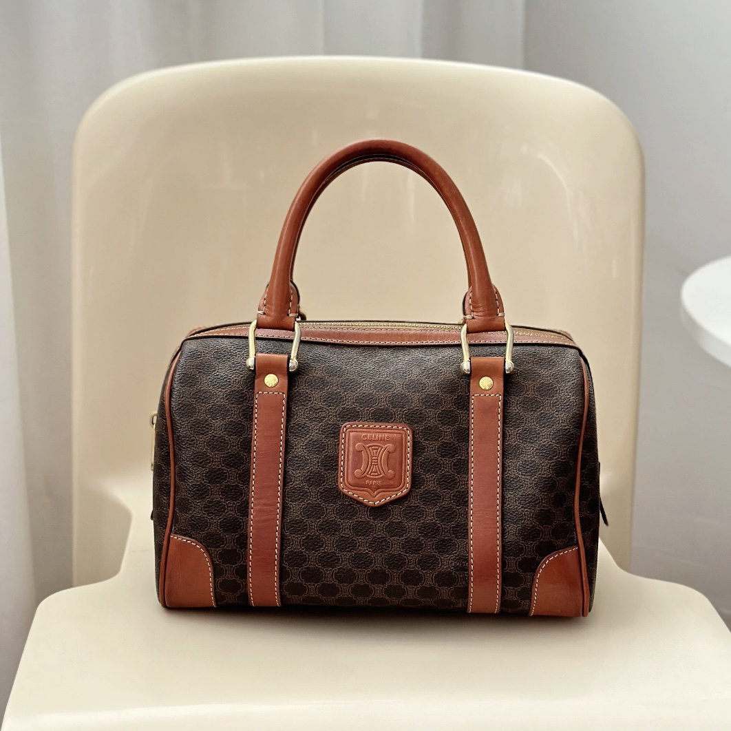 修复品 Celine/思琳 XM/棕色老花金扣30波士顿手提包/WJ10524032