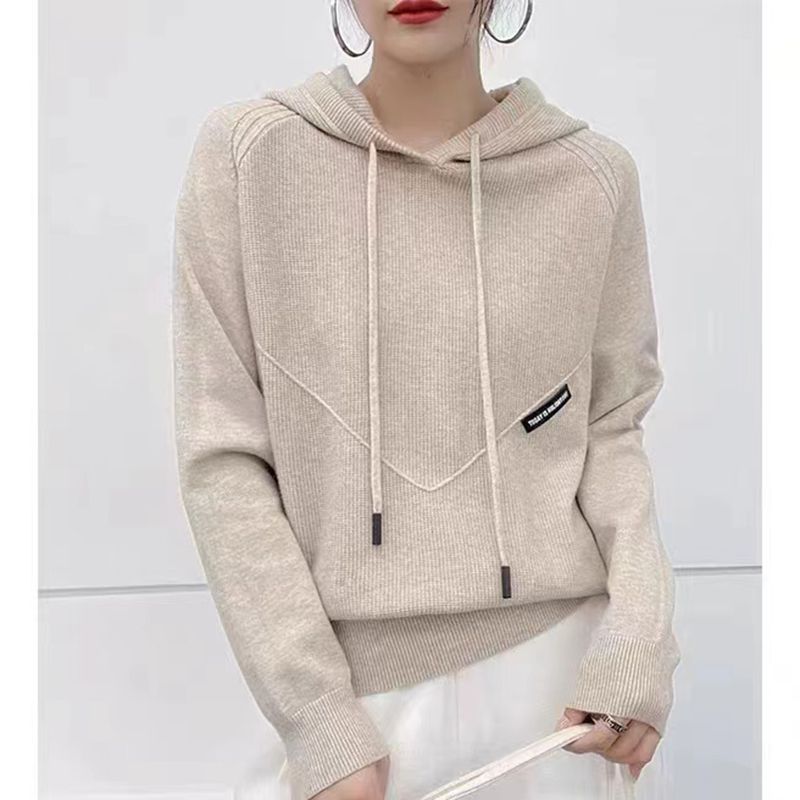 6026秋冬抽绳连帽衫洋气卫衣女韩版外穿宽松套头坑条时尚百搭