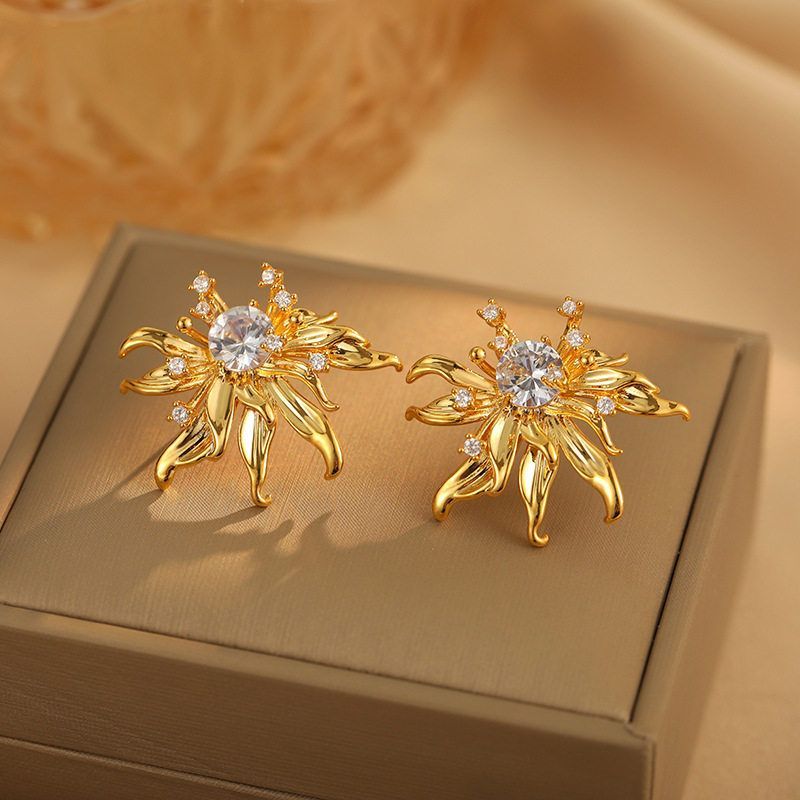 铜合金锆石耳饰 E0014金色烟花时尚气质百搭烟花耳钉轻奢复古小众