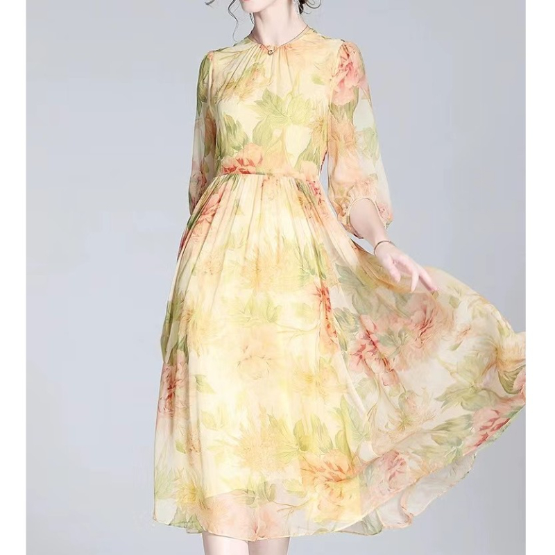 度假风法式温柔碎花灯笼袖100%桑蚕丝春夏印花真丝连衣裙SZQ27