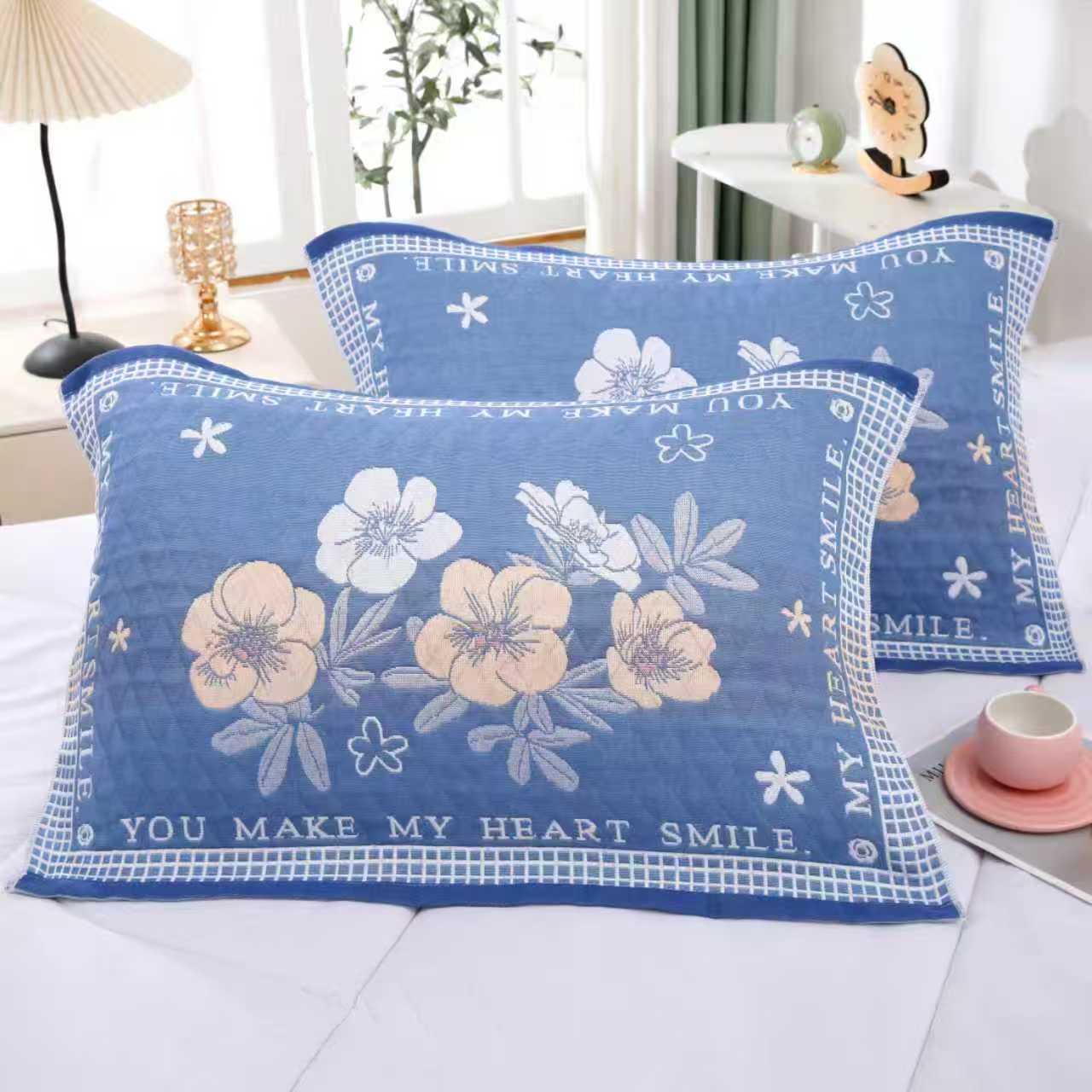 五朵金花蓝 52*78cm棉纱布枕巾一对