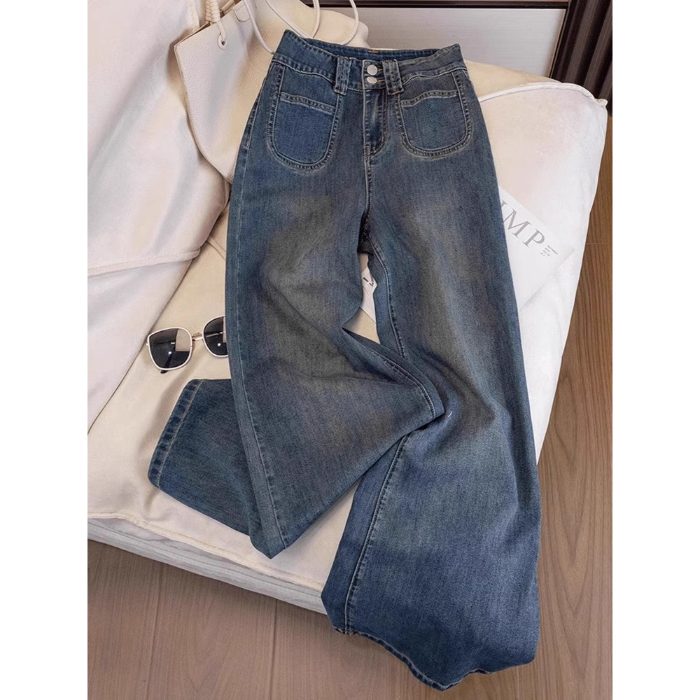 大码微喇牛仔裤女宽松港风高腰不贴腿喇叭裤胖mm显瘦长裤