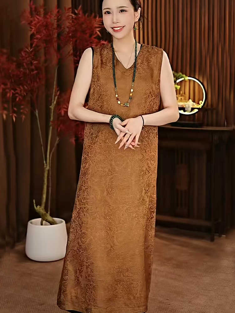 中式双面穿夏季无袖背心连衣裙中年妈妈大码长款显瘦裳汝素妈妈装