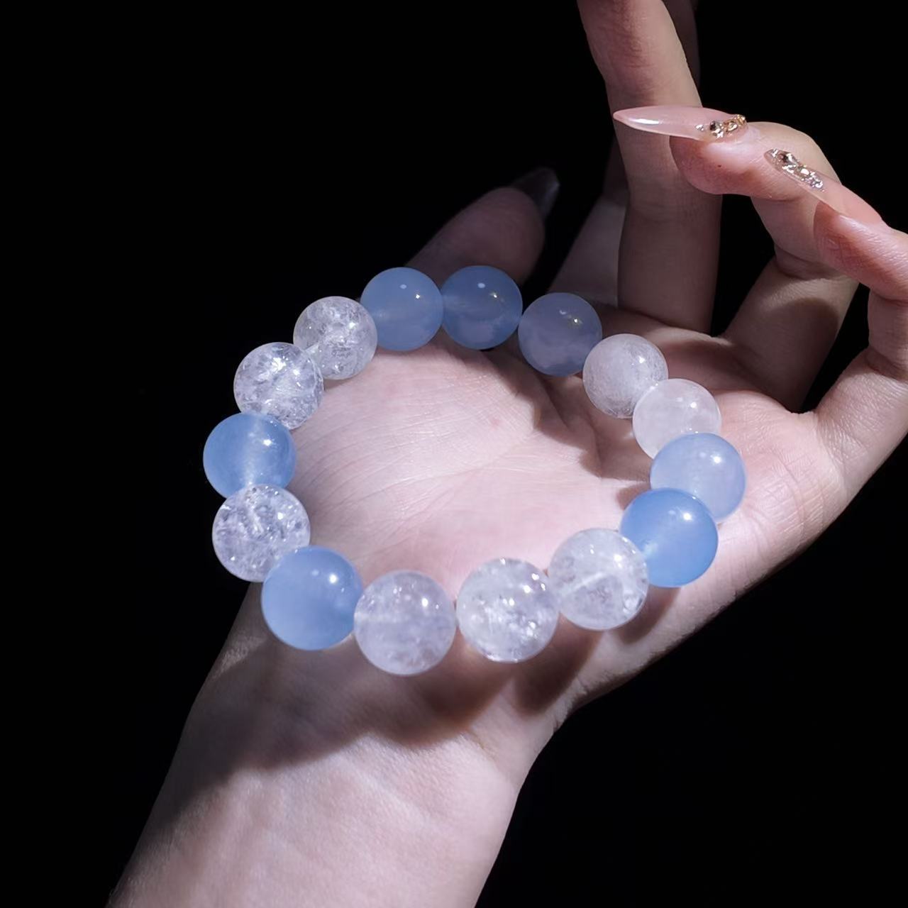 【源泉】天然水晶手链海蓝宝暴风雪阿塞原创爆款水晶手串