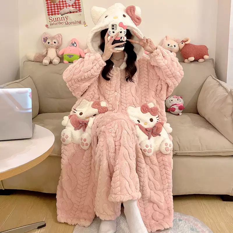 女长款家居服套装秋冬女学生可爱睡衣加厚家居服女士睡衣睡袍