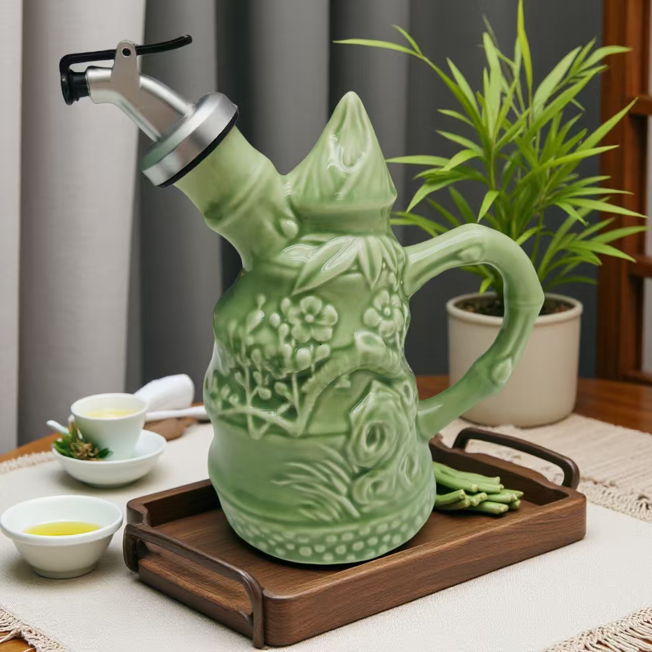 浮雕中式家用竹节400ml耐高温绿色油壶醋壶酱油壶酒壶
