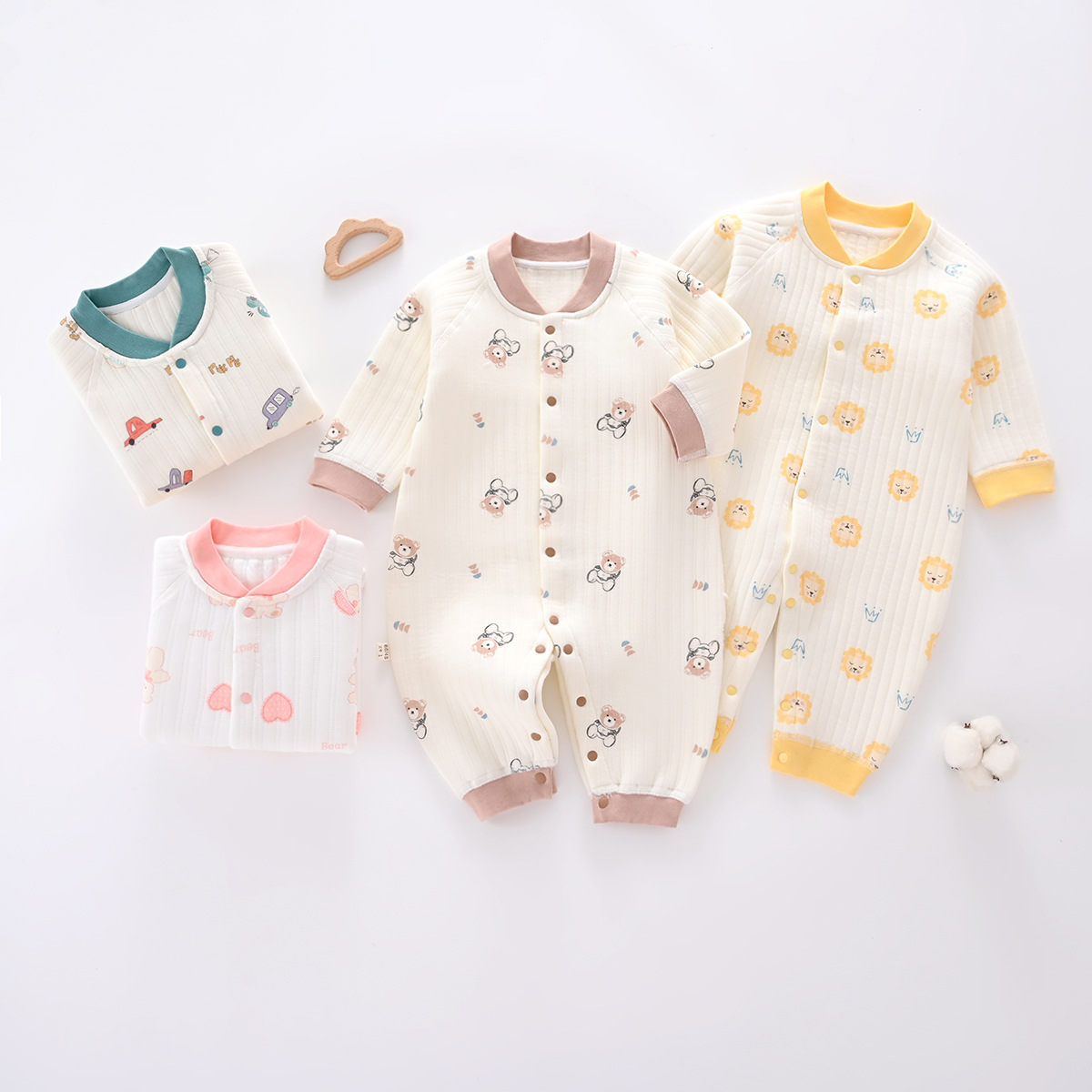 婴儿三层保暖无骨连体衣新生儿春秋夹棉哈衣宝宝三层外出服时尚D