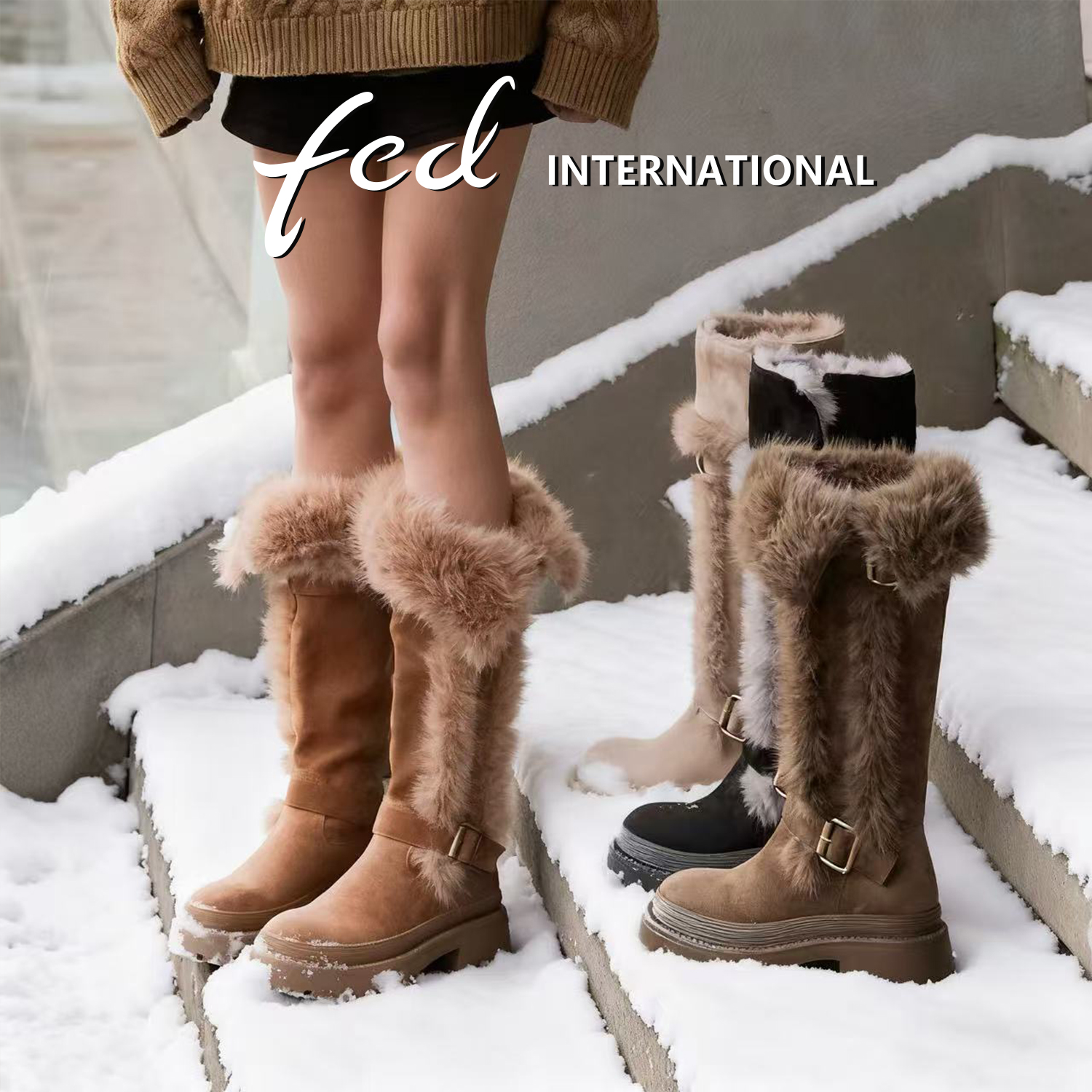 【雪地精灵】FED女鞋25冬新款百搭厚底保暖加绒雪地长筒靴DHH0280
