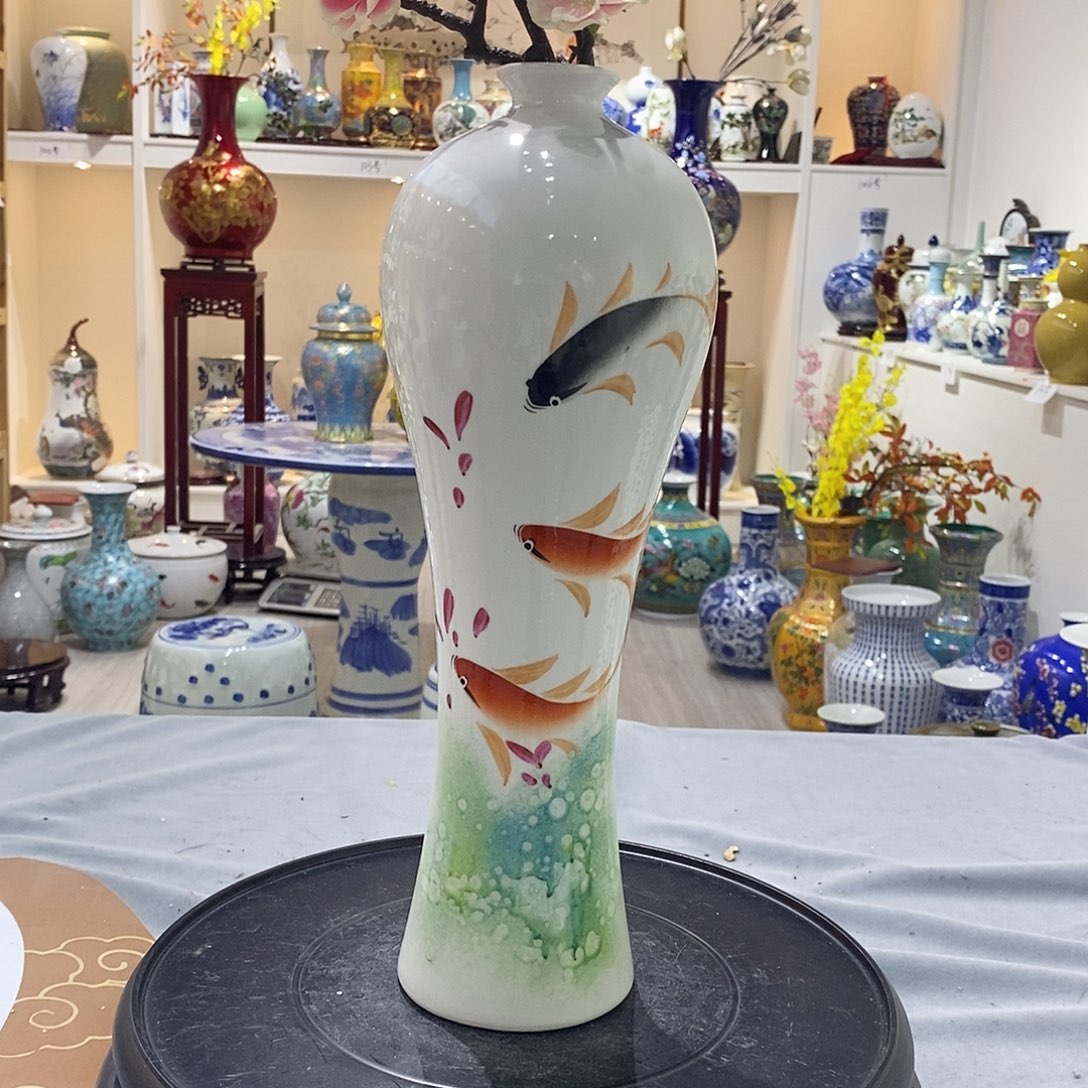 摆件陶32cm连年有余美人瓶