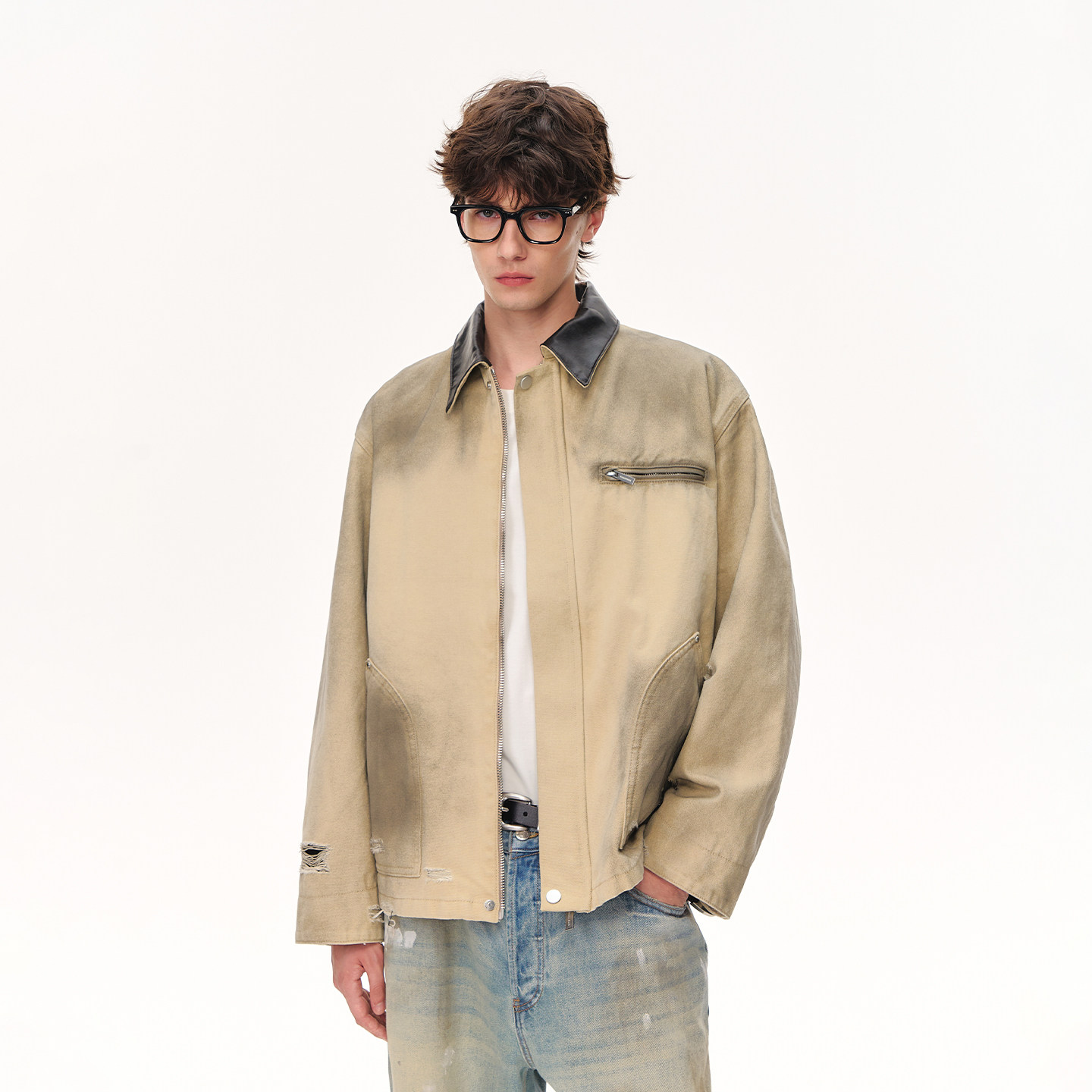 CLIMAX VISION复古撞色皮领褪色水洗破坏底特律牛仔工装夹克外套