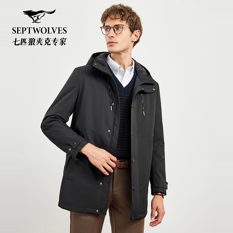 七匹狼连帽春亚纺提花绗棉风衣中长款1D1D50704129男士