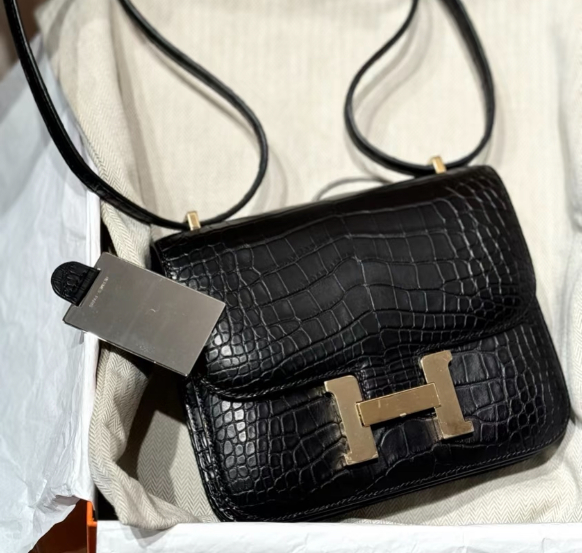 未使用 Hermes/爱马仕 康康19黑金雾面方框鳄B刻