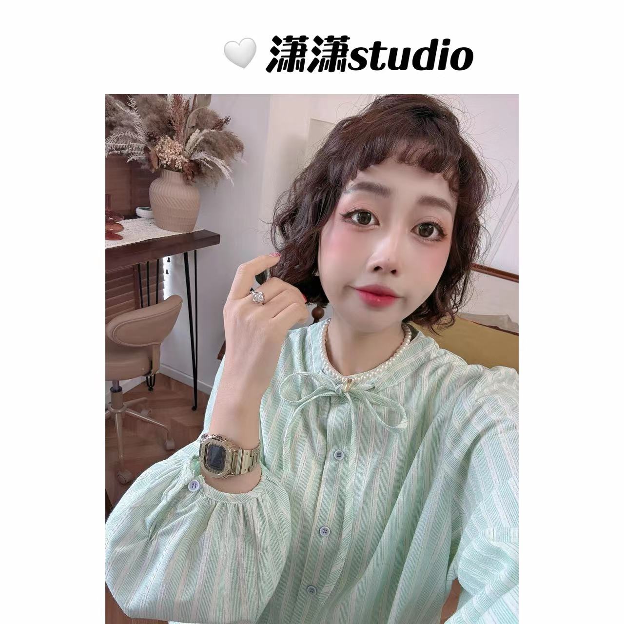 【东大门条纹】【下摆花边】潇潇条纹面料泡泡袖条纹衬衣XM1040