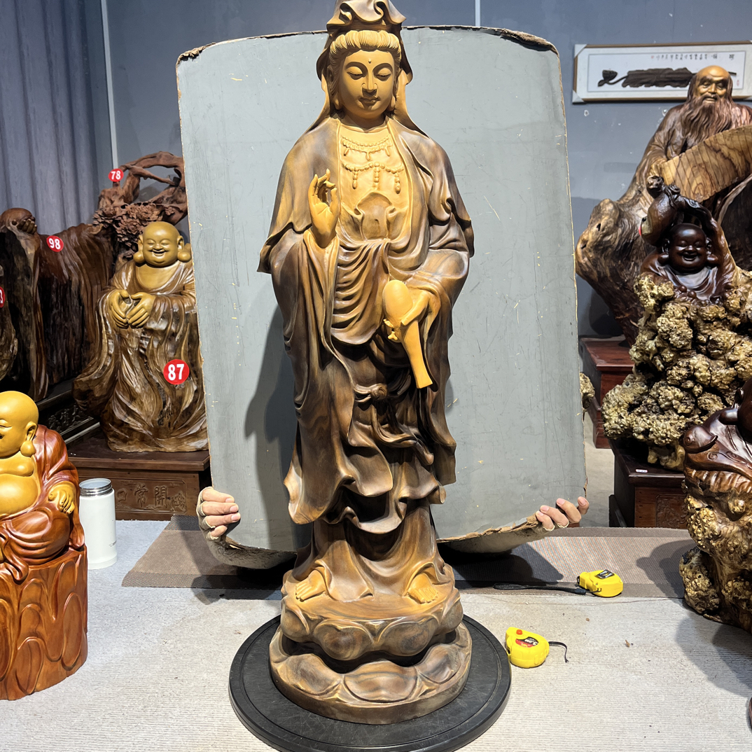 香樟木观音菩萨吉祥如意根雕摆件，