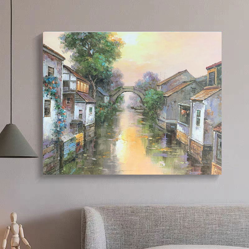 《水乡暮色》50*60含内框，刘春建手绘油画装饰画，客厅背景墙挂画