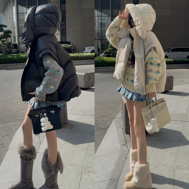 【XU·JING】杏色/黑色连帽羽绒马甲外套宽松被子马甲