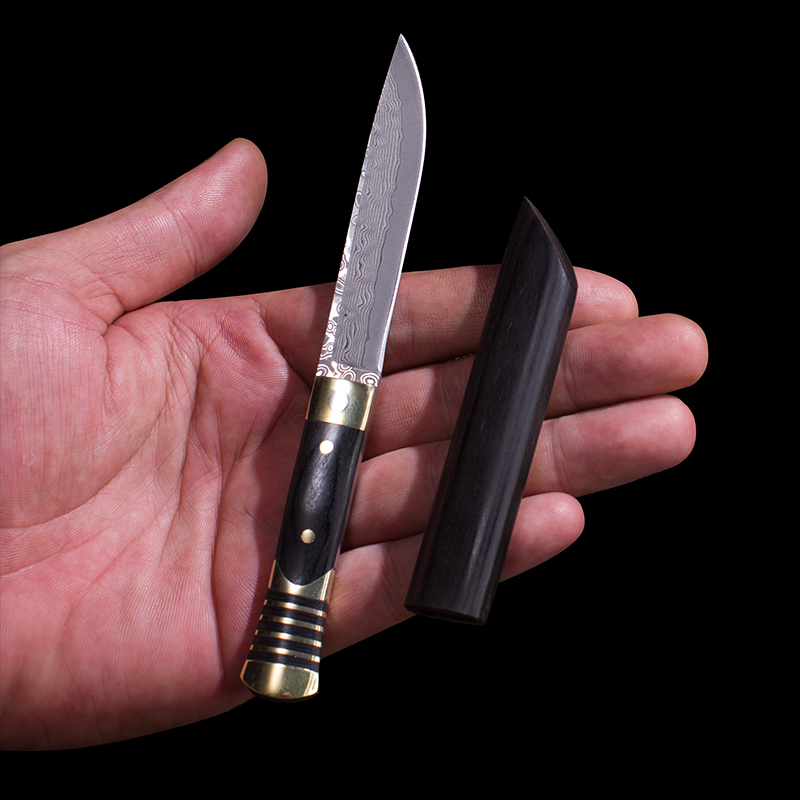 黑色款大马士革刚黑彩木加黄铜手柄方便携带水果刀烤肉刀