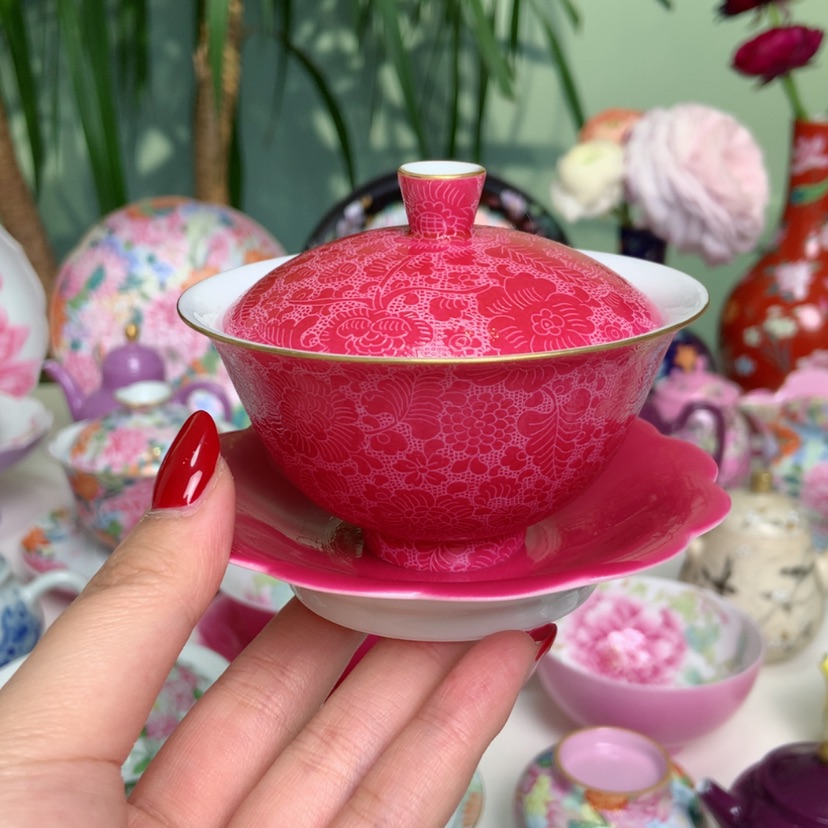 【闪购商品】耙花胭脂红小盖碗薄胎