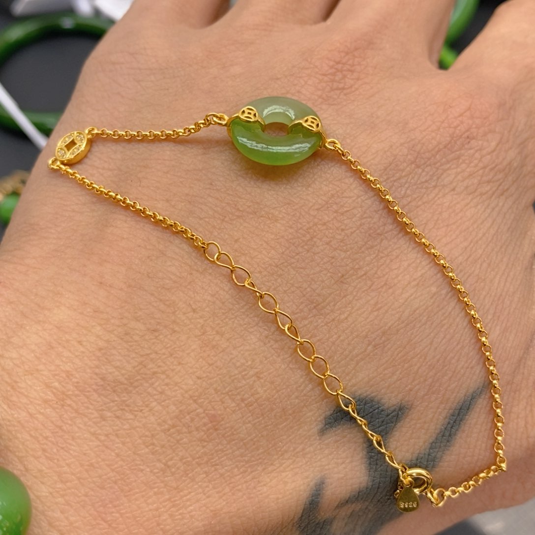 和田玉（碧玉）手链银S925镀金镶嵌