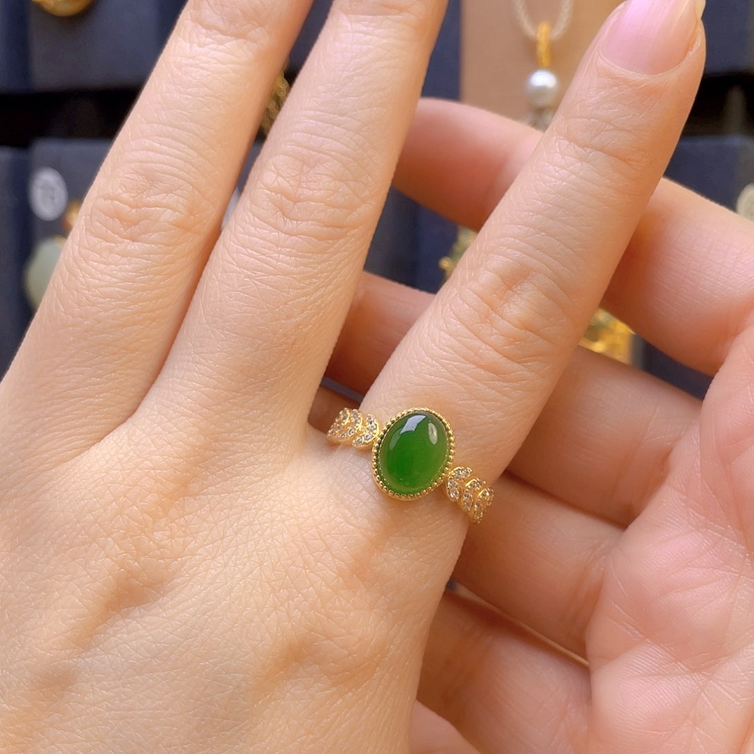 和田玉戒指银S925镀金镶嵌