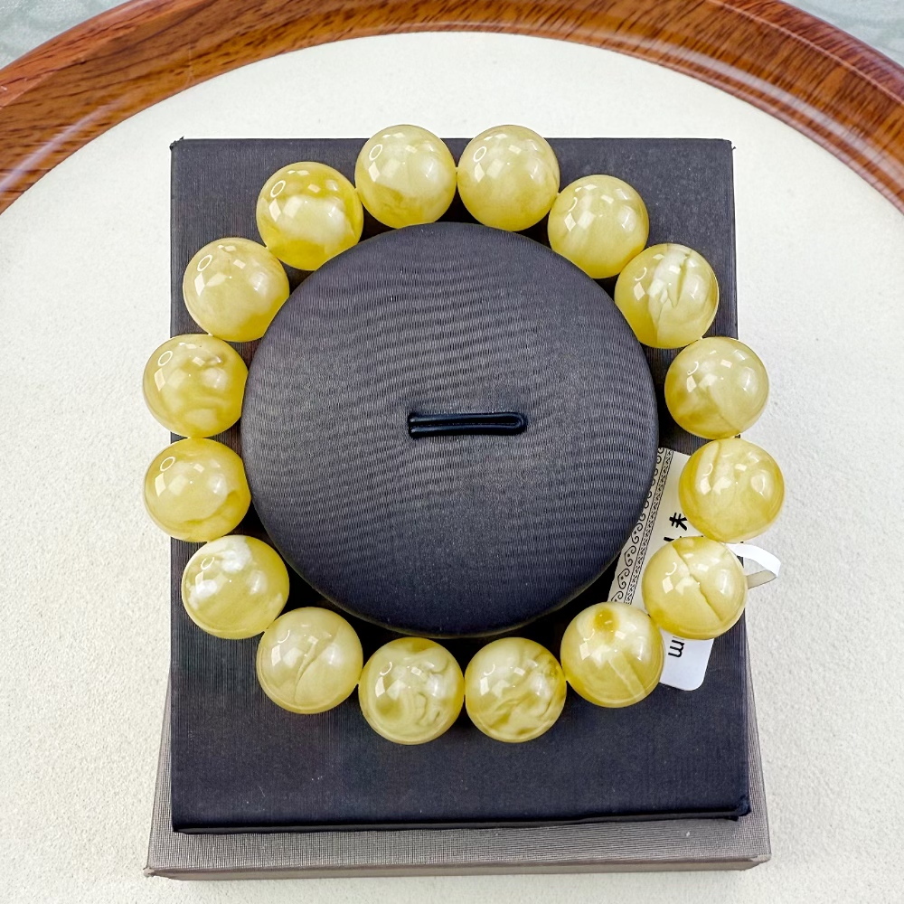天然蜜蜡黄白妖花13+mm俄料手串圆珠基地质检发货