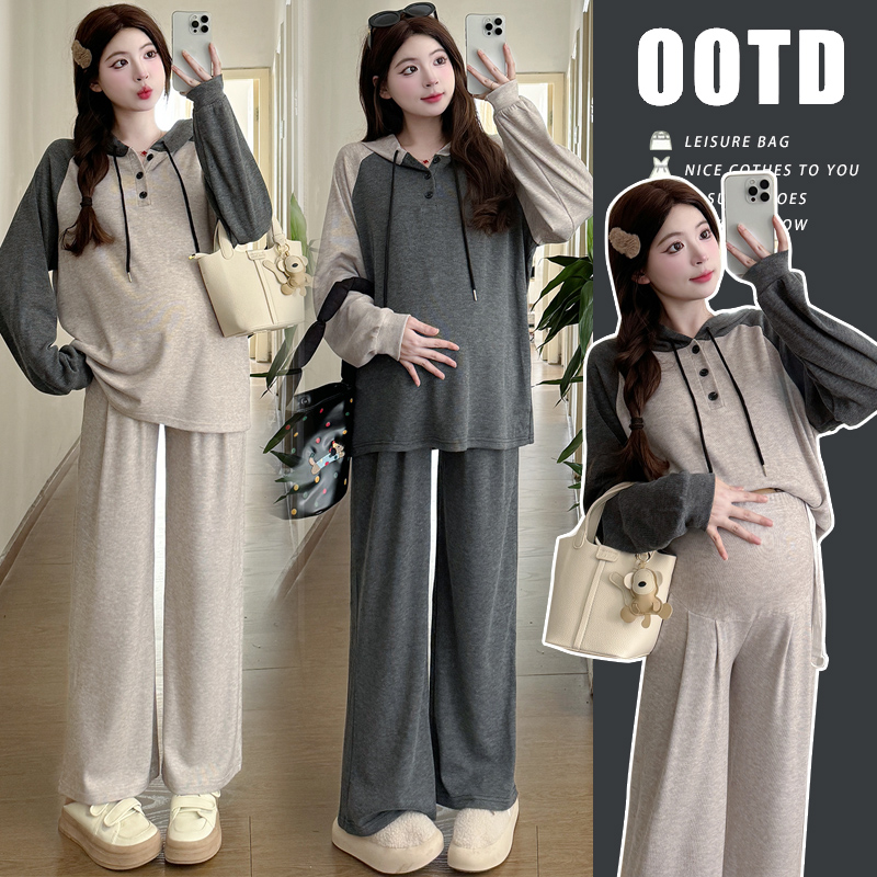 孕妇装秋季套装慵懒风拼色连帽上衣显瘦休闲阔腿长裤孕妇两件套装