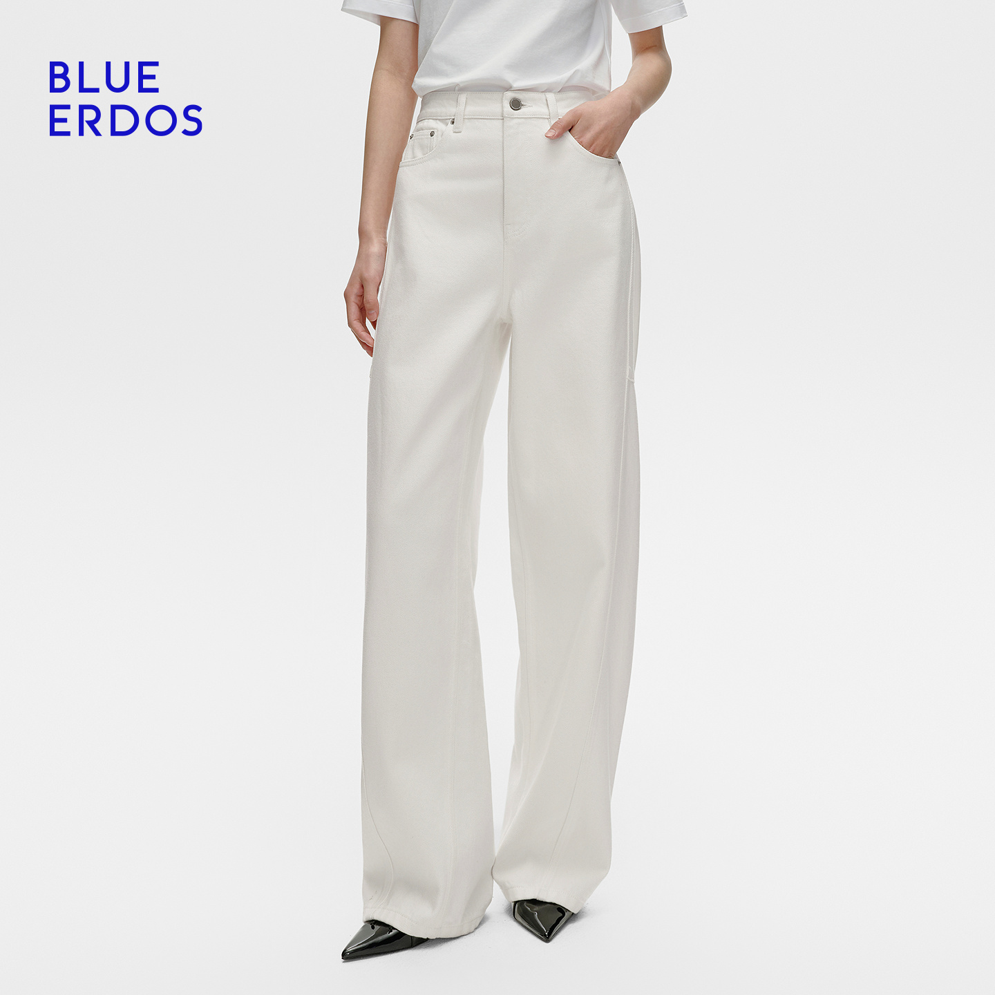 【100%棉】BLUE ERDOS25早秋新品通勤百搭白色高腰阔腿牛仔裤女