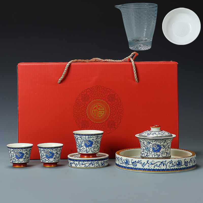 梅兰坊青花缠枝莲三才盖碗可悬停旋转家用办公室泡功夫茶具礼品