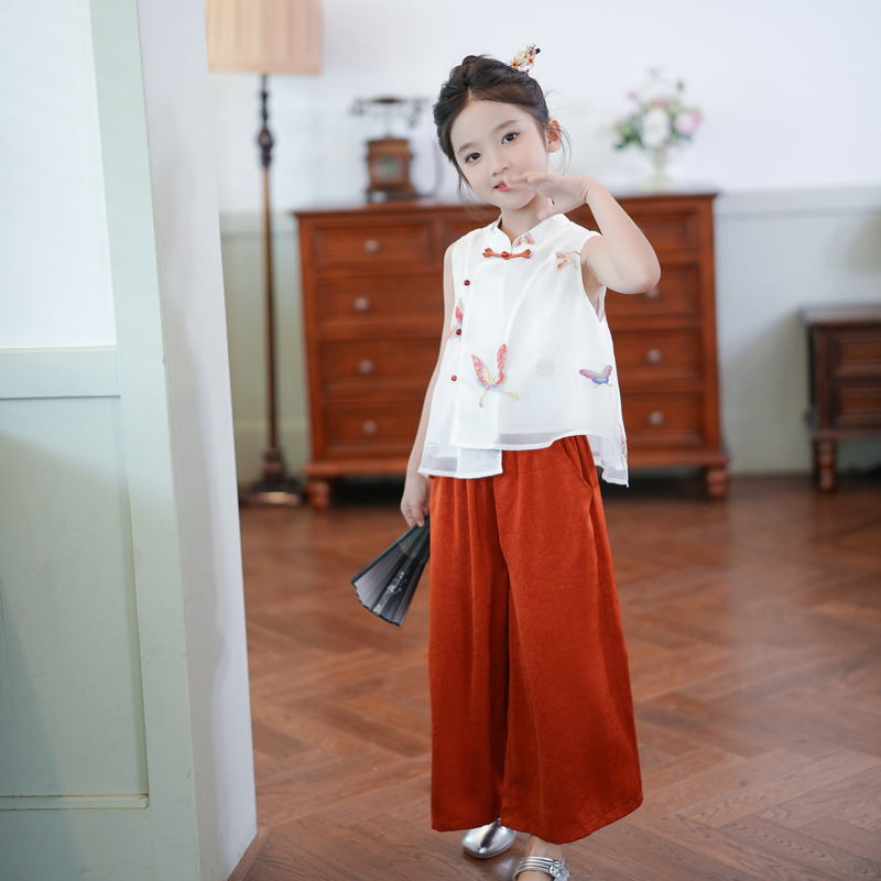 女童夏季国风套装2025新款高级感中大童新中式无袖儿童长裤两件套