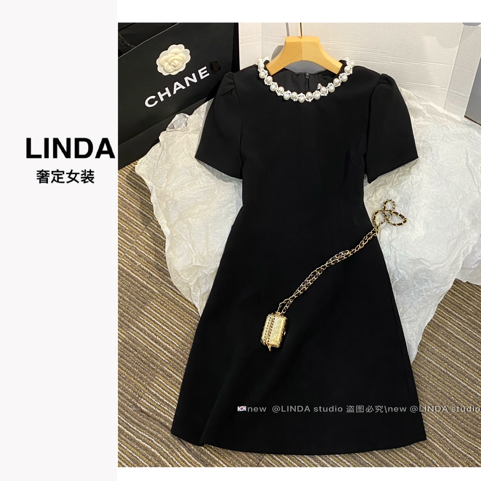 【千金风 小黑裙】手工珍珠带钻有袖 连衣裙精致显瘦