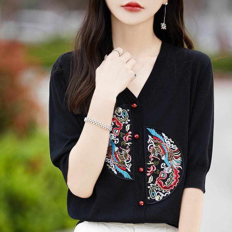 V领桑蚕丝羊毛短袖女开衫刺绣薄款夏季国风复古外套百搭宽松显瘦