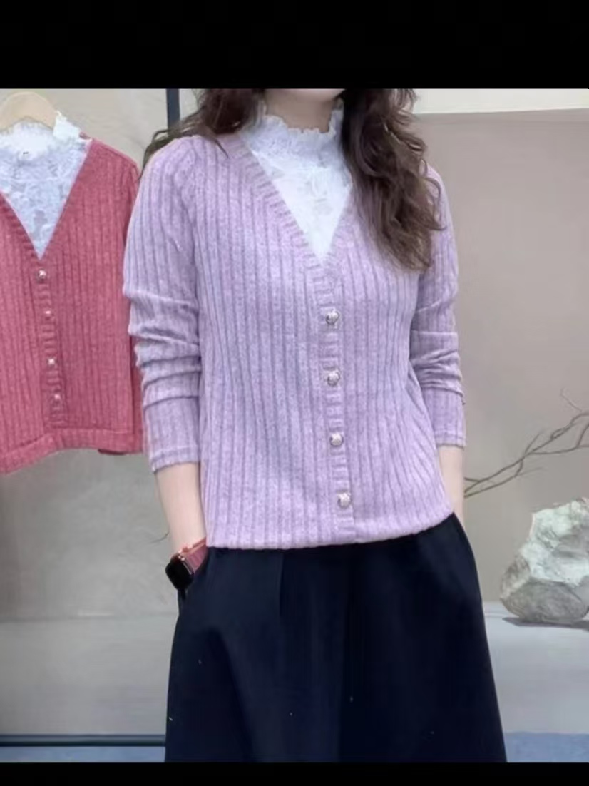 假两件蕾丝花边上衣女洋气长袖半高领2025秋新款时尚休闲打底百搭