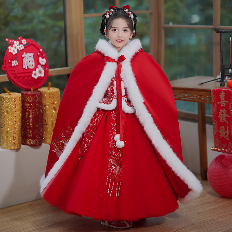 女童披风冬季汉服儿童外披斗篷连帽冬款古风加厚中国风拜年服防风