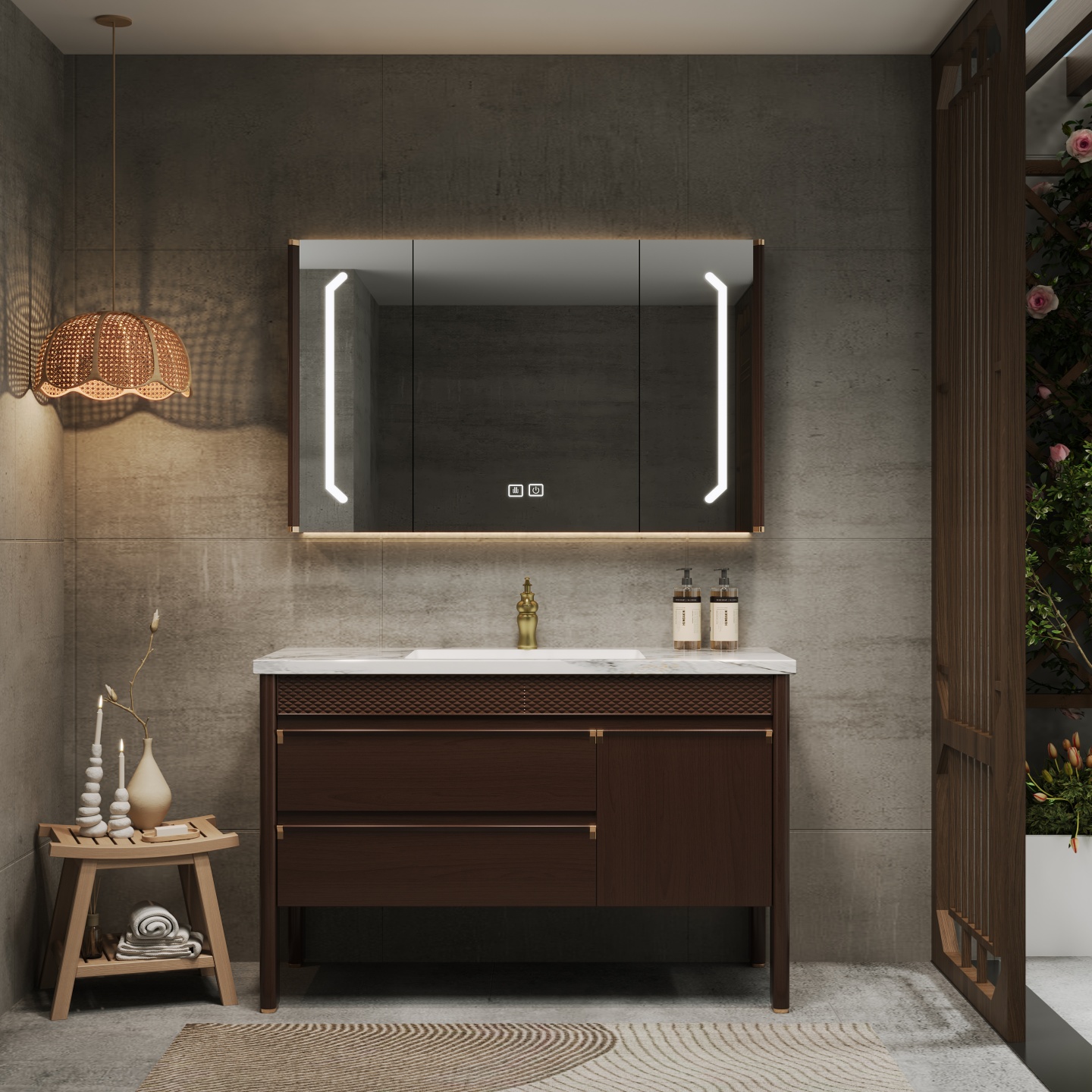 新中式橡木浴室柜组合落地式陶瓷一体洗漱台卫生间洗手盆洗脸盆池